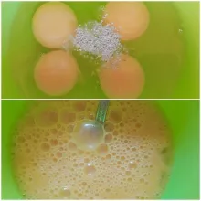 Kocok telur, 1/2 sdt garam & 1/4 sdt merica dengan garpu hingga tercampur rata.