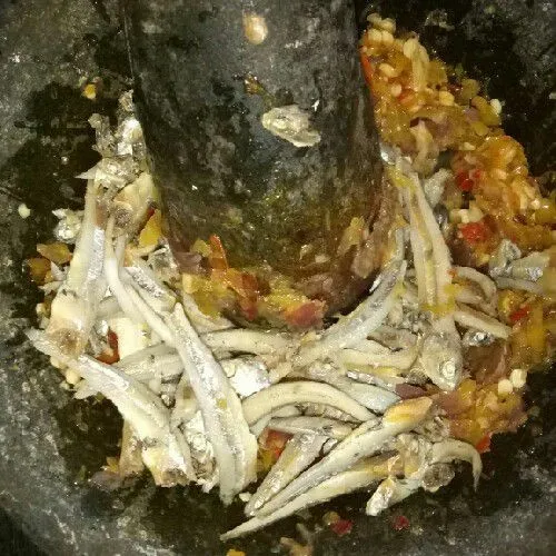 Kemudian masukkan ikan teri, terasi dan penyedap rasa.