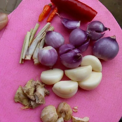 Haluskan bawang merah, bawang putih, cabai merah besar, dan serai yang di iris kecil-kecil.