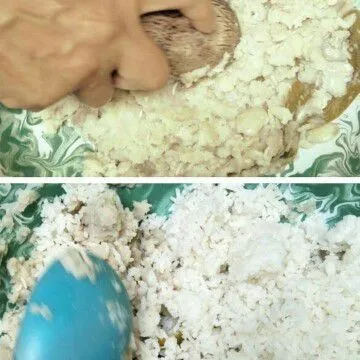 Hancurkan koro, tambahkan garam, kelapa parut 1sdm, dan nasi (jumlah nasi 1.5 lebih banyak dari koronya). Aduk hingga benar benar tercampur rata. Koreksi rasa.