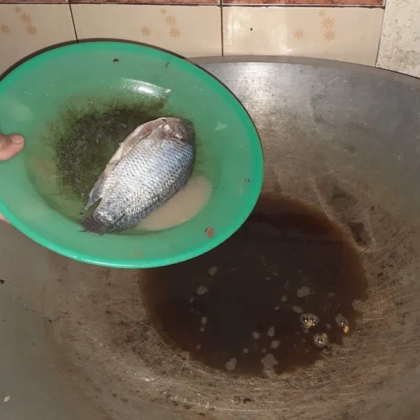 Panaskan minyak lalu goreng ikan nila hingga kecokelatan, angkat dan tiriskan.
