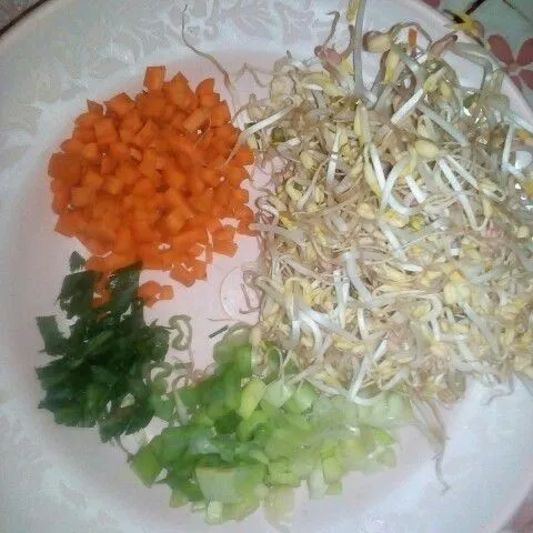 Potong kecil-kecil daun bawang, wortel dan seladri lalu sisihkan.