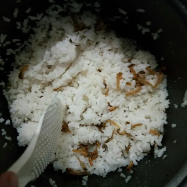 Campurkan nasi dengan sajiku rasa ayam dan garam secukupnya.