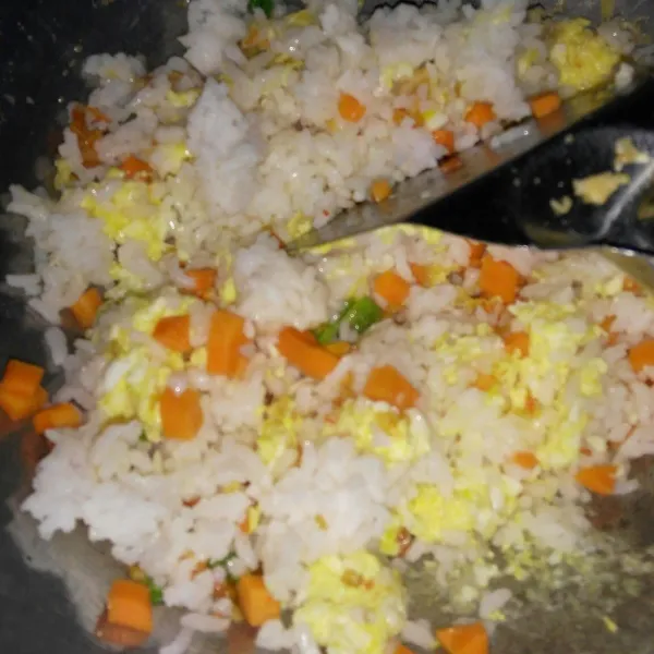 Masukkan nasi dan potongan wortel. Aduk rata.