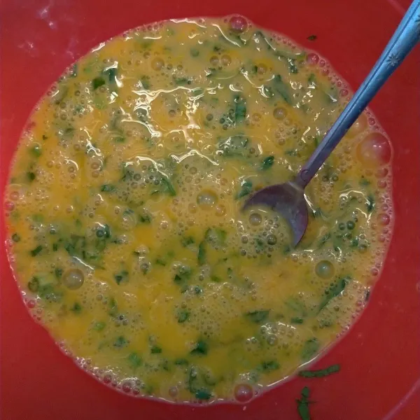 Kocok 2 telur beri garam dan kaldu jamur juga irisan daun sop.