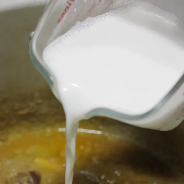 Masukan santan, daging, dan kentang.