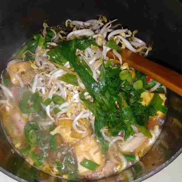 Tunggu hingga air mendidih, masukkan taoge dan bawang daun, aduk cepat beri penyedap rasa, garam, lada, dan gula, angkat.