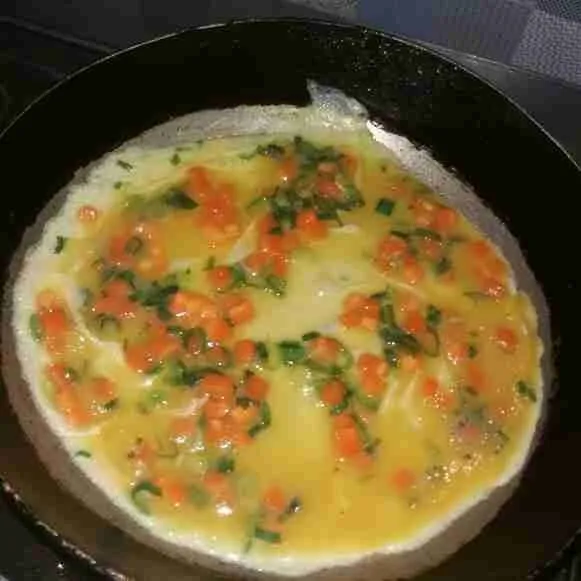 Dadar 1/4 bagian telur diatas teflon yang sudah diolesi minyak. Masak sekitar 1 menit.