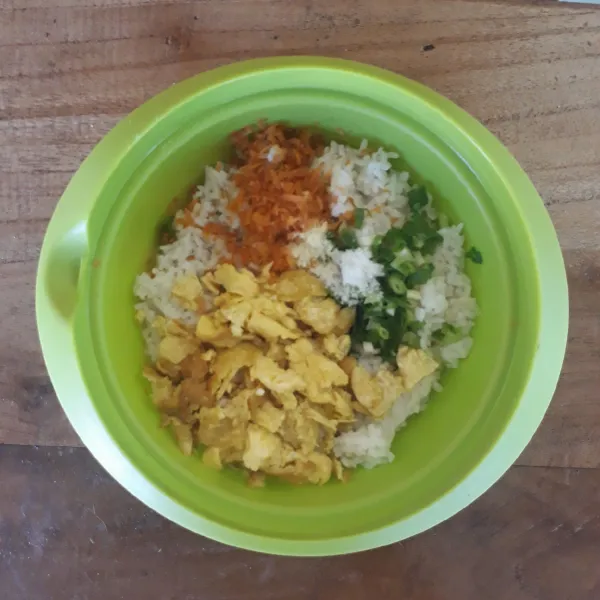 Masukkan nasi, telur, wortel, daun bawang, garam dan kaldu bubuk dalam wadah. Aduk sampai rata