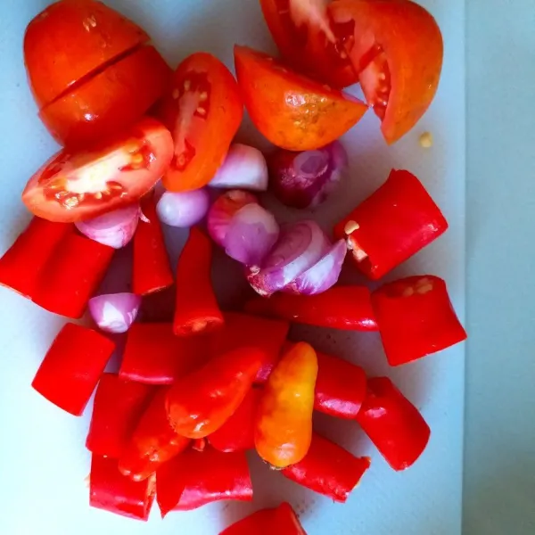 Potong kasar bawang merah, cabai dan tomat