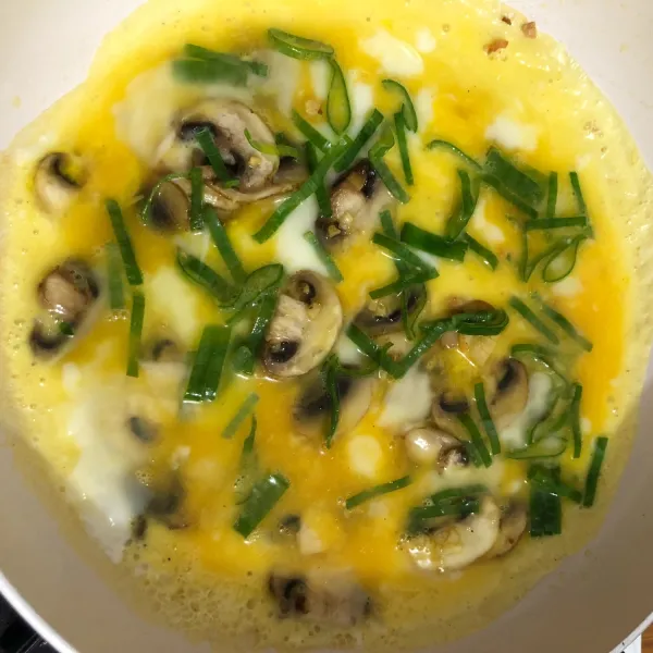 Kocok telur bersama dengan garam, merica dan penyedap jamur. Lalu tuang ke dalam wajan, ratakan dan taburi dengan bawang daun gunakan api kecil.