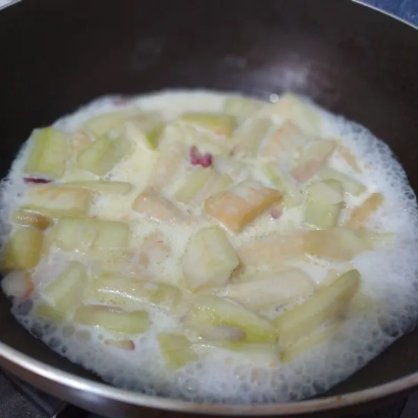 Kemudian tuang air, santan dan cabe rawit. Aduk hingga mendidih