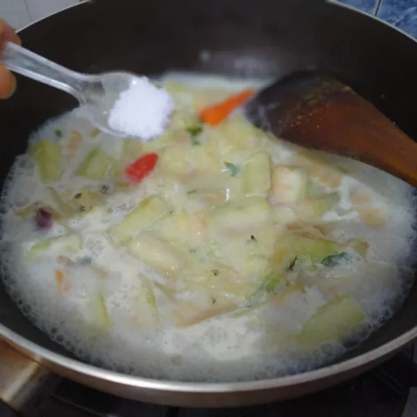 Masukkan garam, gula dan kaldu jamur. Aduk rata. Tes rasa