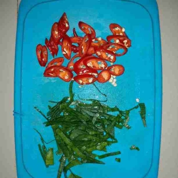 Rajang daun bawang. dan Iris serong cabe merah besar