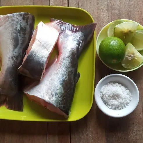 Ikan patin dibersihkan dan diberi garam serta air jeruk nipis.