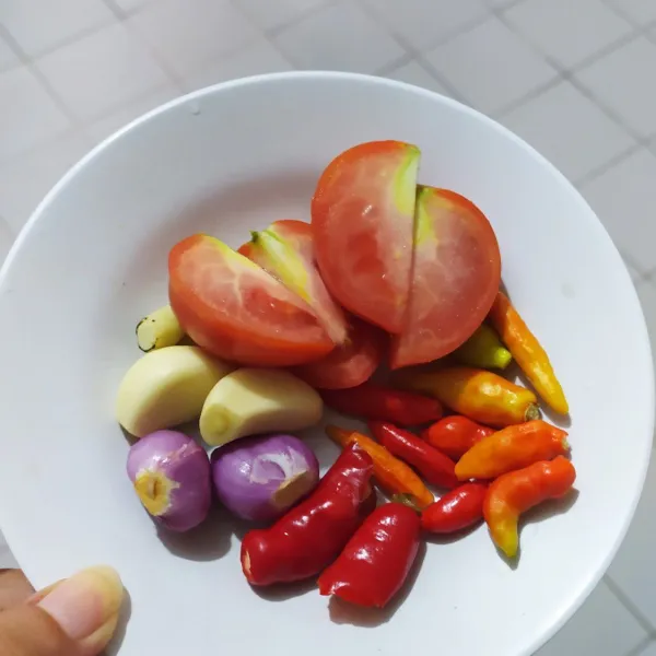 Siapkan dan haluskan bumbu. (bawang merah, bawang putih, tomat, cabe merah besar, cabe rawit dan kencur)