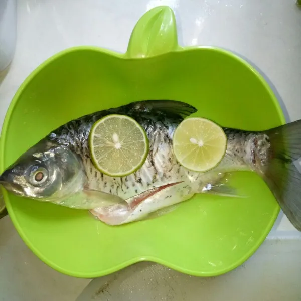 Bersihkan ikan,lumuri dengan perasan air jeruk nipis,diamkan selama 3 menit. Cuci bersih dan tiriskan