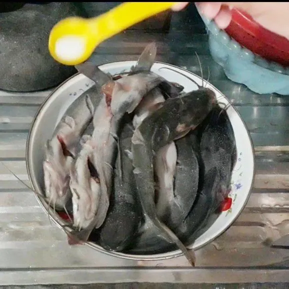 Bersihkan ikan lele, buang insangnya. Kemudian taburi dengan garam secukupnya lalu ratakan. Pemberian garam jangan terlalu banyak agar tidak terlalu asin. Kemudian diamkan kurang lebih 15 menit hingga garam meresap.