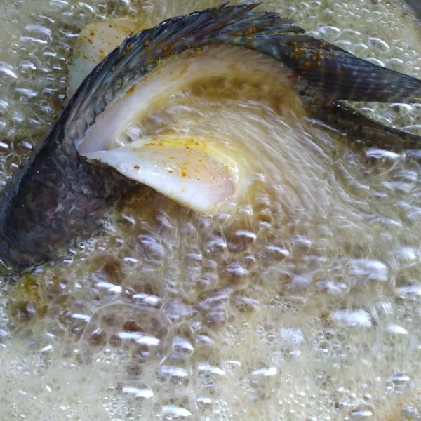 Bersihkan ikan dari sisik nya. Lalu beri perasan jeruk nipis setelah itu goreng pada minyak panas hingga kekuningan.