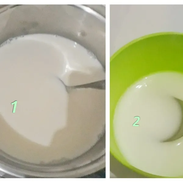 Masukkan bahan vla susunya: susu cair, susu kental manis, santan, gula pasir. Aduk hingga rata. Rebus di api kecil, jangan sampai mendidih. Ditempat lain larutkan tepung maizena dengan air secukupnya. Setelah di rasa mau matang, masukkan larutan tepung maizena, aduk perlahan. Setelah itu matikan api.