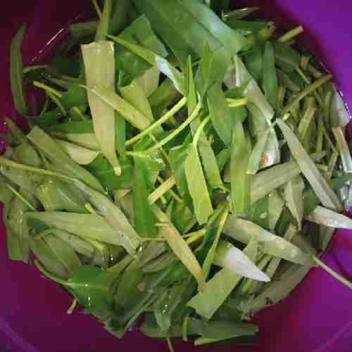 Siangi kangkung buang tangkainya, cuci bersih, rendam garam sebentar lalu cuci kembali dengan air mengalir.