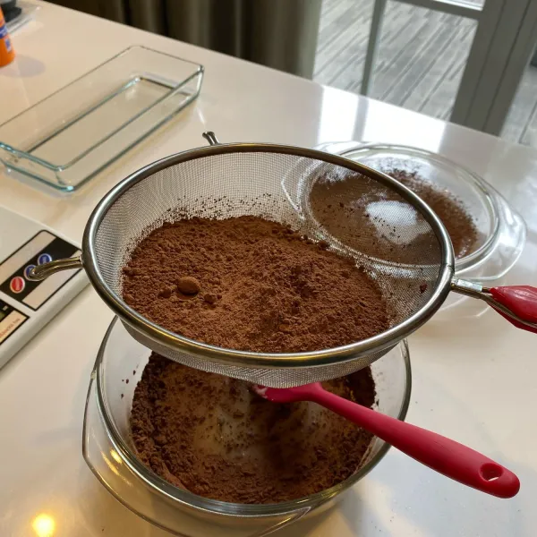 Taburi cocoa powder (dengan saringan) dalam 4 kali. Jangan dimasukkan semua karena akan menggumpal.