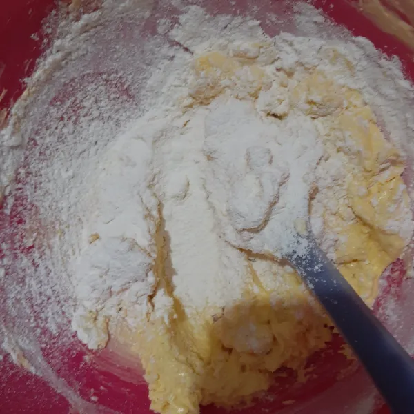 Setelah rata, masukkan tepung terigu dan sejumput garam kedalam adonan. Aduk hingga adonan menjadi berat dan kalis.