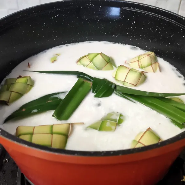 Masukkan kulit ketulat yang sudah diisi beras ketan, ke dalam panci (kalau bisa panci teflon ya). Masukkan santan, garam dan daun pandan. Masak dengan api sedang selama kurang lebih 1 jam.