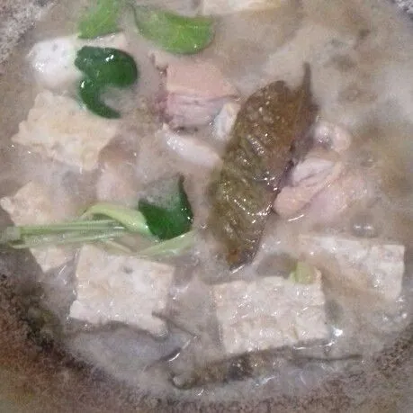 Masukkan ayam, aduk hingga berubah warna. tambahkan air, didihkan. masukkan tempe dan tahu goreng, garam gula dan kaldu bubuk. masak hingga ayam dan tempe matang.
