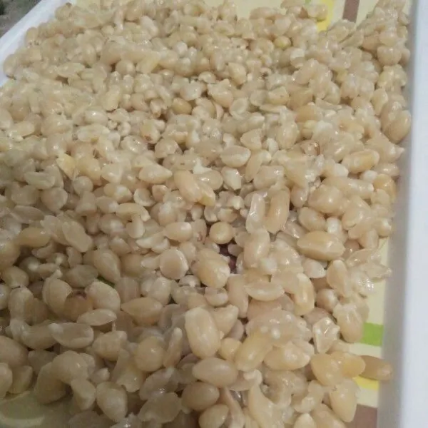 Goreng kacang tanah yang sudah ditiriskan tadi dengan minyak bekas menggoreng bawang putih. Goreng kacang tanah hingga kuning keemasan, angkat dan tiriskan.
