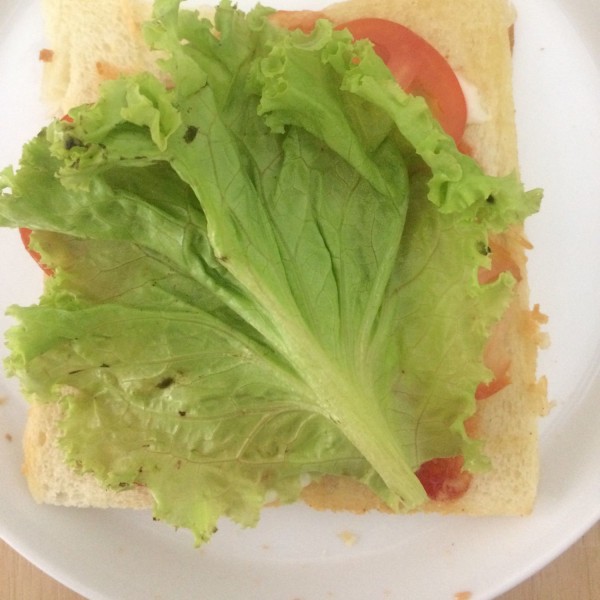 Tambahkan daun selada dan tutup dengan stu bagian roti, siap di sajikan