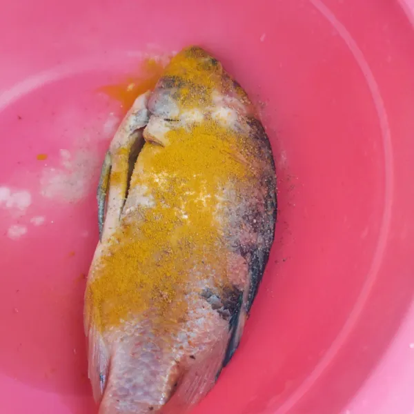 Marinasi ikan dengan kunyit bubuk, garam, lada, penyedap rasa dan bawang putih bubuk marinasi hingga 10 menit.