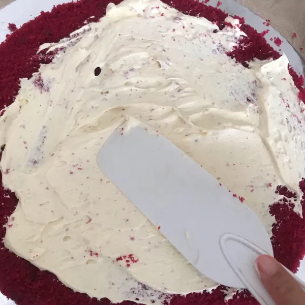 Selanjutnya oles cake dengan cream dengan rapi (cream banyaknya sesuai selera) setelah merata letakkan cake lagi dan olesin lagi dengan cream lalu ratakan.