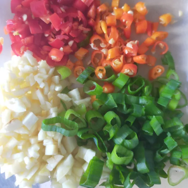 Rajang bawang putih, daun bawang, cabe rawit dan cabe merah.