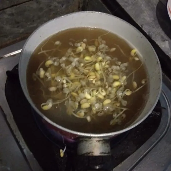 Kemudian rebus kembali, Tambahkan bawang putih dan kecambah rebus hingga kecambah matang betul, tambahkan garam dan lada tes rasa, kemudian tambahkan daun bawang.