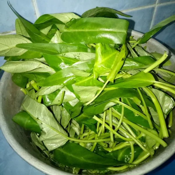 Petik daun kangkung, boleh sertakan batangnya. Lalu bersihkan dan rendam dengan air garam.