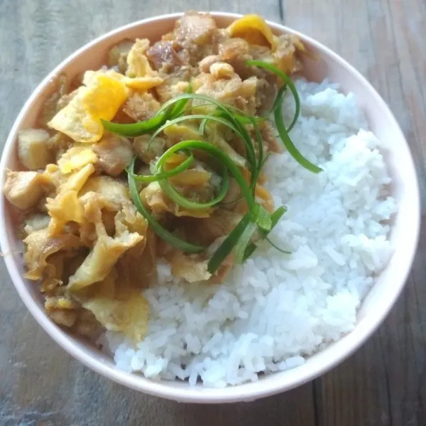 Penyajian : siapkan 1 mangkok nasi panas,  taruh oyokodon di atasnya, lalu taburi dengan daun bawang. Oyokodon siap dinikmati.
