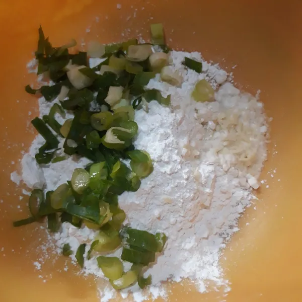 Masukkan ke dalam wadah tepung tapioka, bawang putih halus ,daun bawang dan garam.