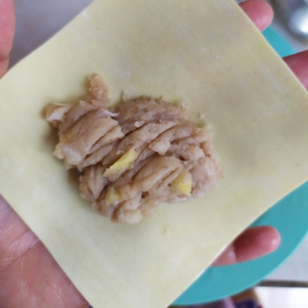 Masukkan isian pangsit ke dalam kulit pangsit hingga adonan habis.