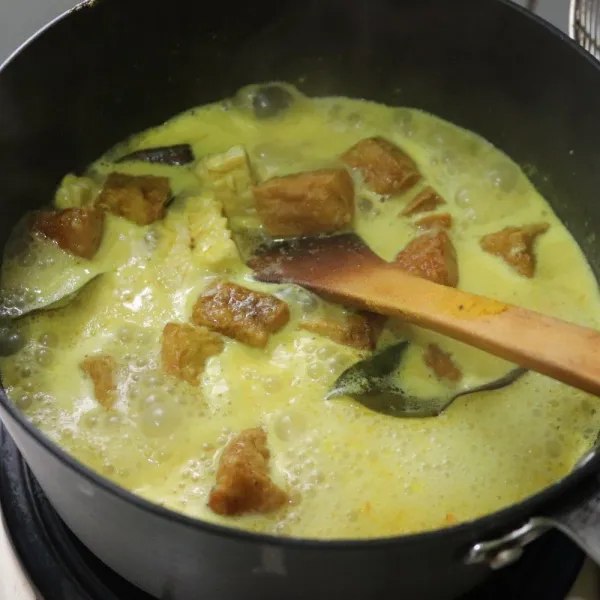Masukan santan kental aduk beri penyedap rasa  tambahkan air masak sampai matang , koreksi rasa.
