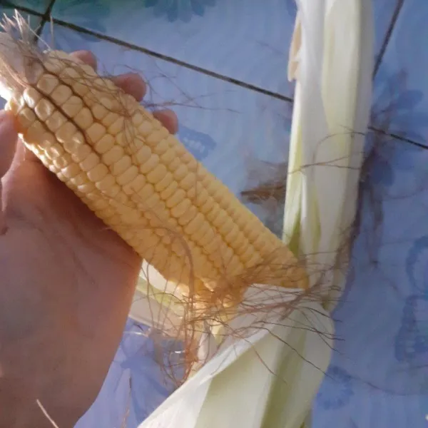 kupas kulit jagung dan bersihkan rambutnya.