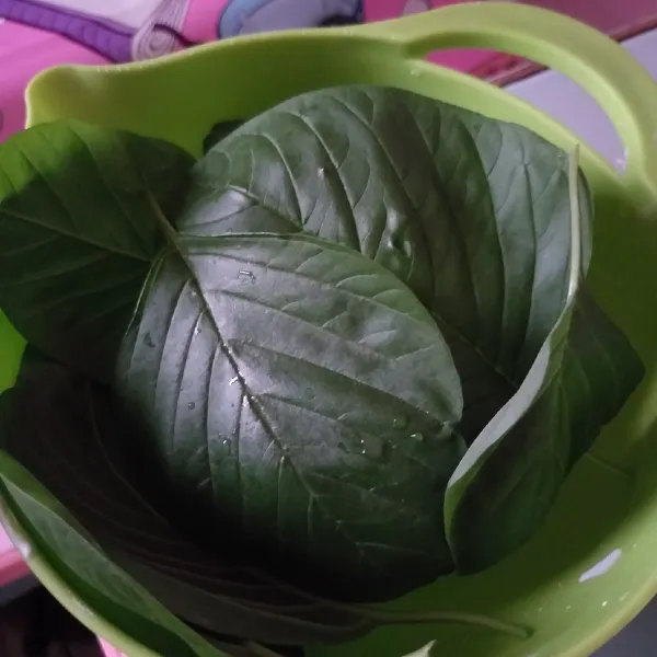 Petik daun bayam yang memiliki ukuran daun yang besar dan tua (berwarna hijau tua), biasanya lebih keras dari daun bayam yang biasa digunakan untuk sayur. Lalu cuci bersih, tiriskan
