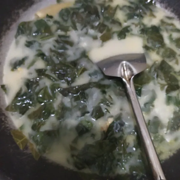 Setelah mendidih, masukkan santan. Tambahkan garam, gula pasir dan penyedap rasa. Tes rasa. Masak hingga bumbu meresap. Angkat dan sajikan. Beri taburan bawang goreng.