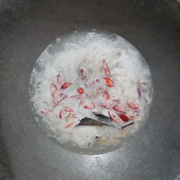 Didihkan santan encer, kemudian masukkan semua bumbu. Tambahkan garam, gula, dan kaldu bubuk