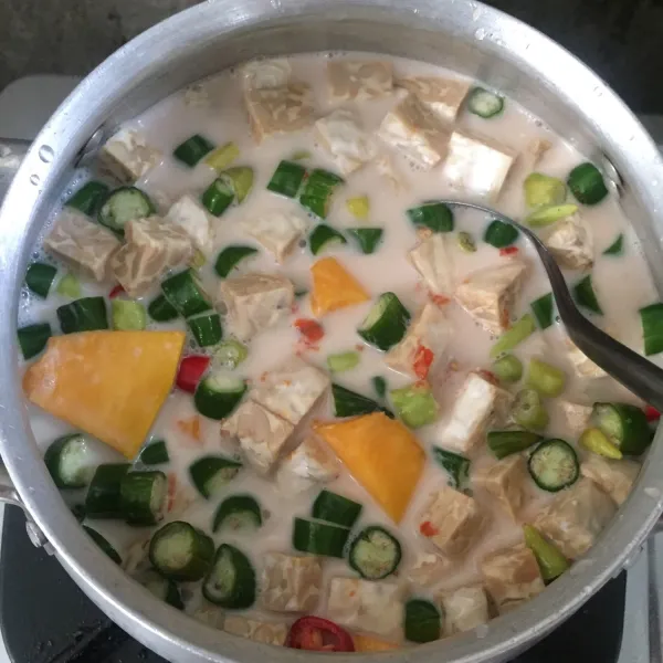 Masukan santan, kemudian masak dengan api kecil sambil sesekali di aduk.