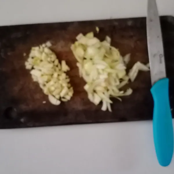 Iris bawang bombay dan bawang putih.