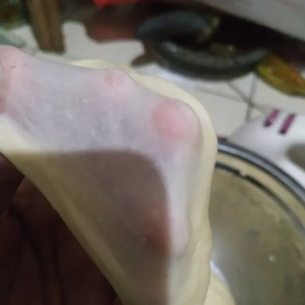 Uleni sampai kalis elastis/ window pane. Bulatkan lalu tutup dengan serbet dan diamkan selama 30 menit sampai mengembang 2x lipat.