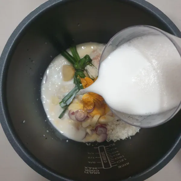 masukan kedalam panci Rice Cooker, Beras yang sudah di cuci bersih, Daun Pandan, bawang merah, bawang putih, Jahe, garam halus, kaldu jamur, dan kunyit bubuk. kemudian tuangkan santan.