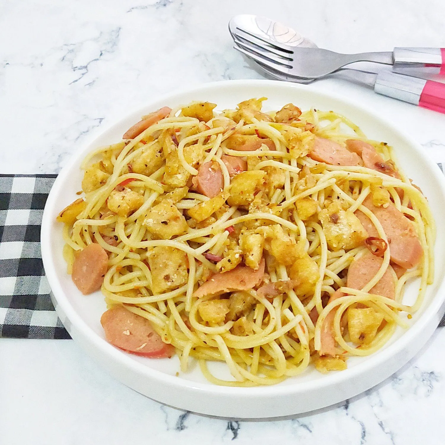 Resep Spaghetti Aglio Olio Tuna sosis JagoMasakMinggu4Periode3