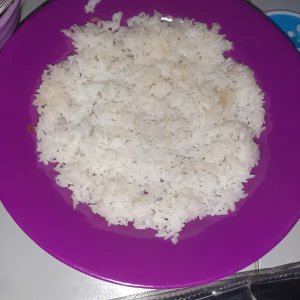 siapkan nasi. saya pakai nasi sisa saja. pastikan kondisi nasi sudah dingin ya agar tekstur nasinya agak keras.